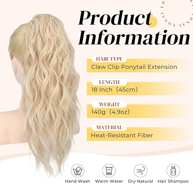 LONAI Ponytail Extension, 18" Blonde Wavy Claw Clip Ponytail Extensions ZJ001 Shoulder Length Curly Wavy Claw Clip in Ponytail Hair Extensions Synthetic Fake Pony tails Hairpieces-Platinum Blonde