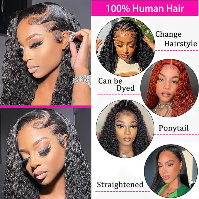 200% Density 40 Inch 13x6 Deep Wave Lace Front Wigs Human Hair Curly HD Lace Front Human Hair Wig Pre Plucked 100% Real Human Hair No Synthetic Blend No Tangle No Shedding Triple Lifespan 3X