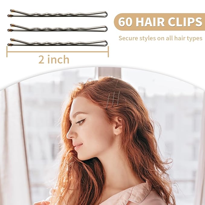 Bobby Pins, Hair Pins 2 Inch 60PCS Crimped Hair Grips for Kids, Girls, and Women, Secure and Easy for All Hair Types, With Ball Tips Design. Hair Accessories for Daily Use (Brown)