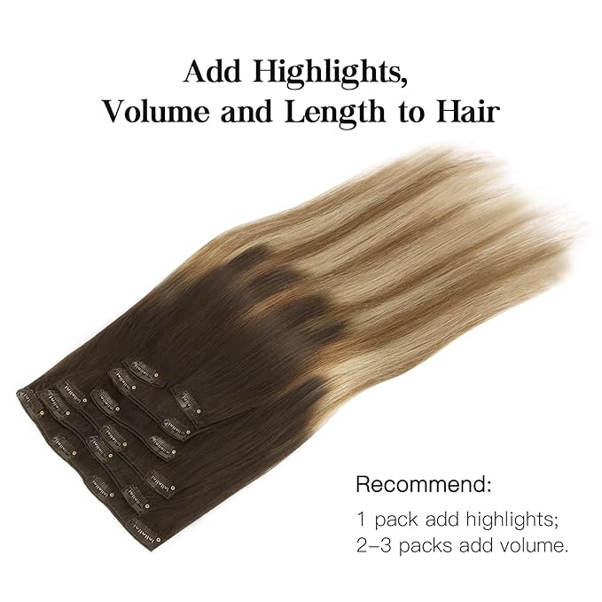 HOTBANANA Human Hair Clip in Hair Extensions, Dark Brown to Chestnut Brown and Dirty Blonde Highlighted 120g Clip in Hair Extensions Real Human Hair Straight Remy Hair 18 Inch 7pcs