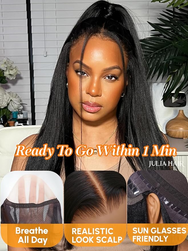 Julia Hair Pre Everything Glueless Wig Human Hair Yaki Straight 13x4 HD Lace with Ear Tape Bye Bye Knots Lace Front Wigs for Women Pre Bleached Invisible Knots Put On and Go Wig 22 Inch