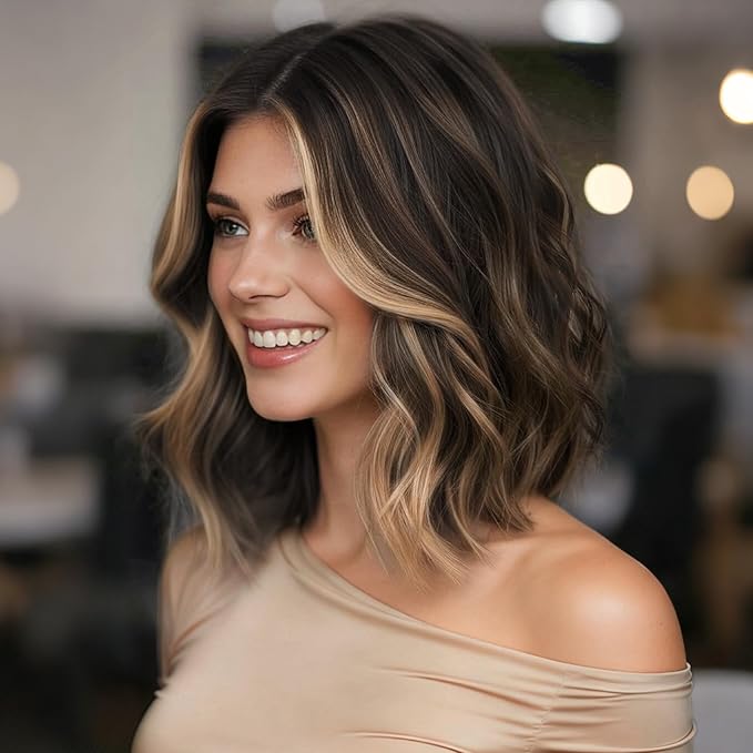 Brunette with Blonde Highlights Short Wavy Wig for Women Lace Hairline Bob Style Synthetic Heat Resistant - Natural Appearance for Everyday Hairstyle 14 Inch