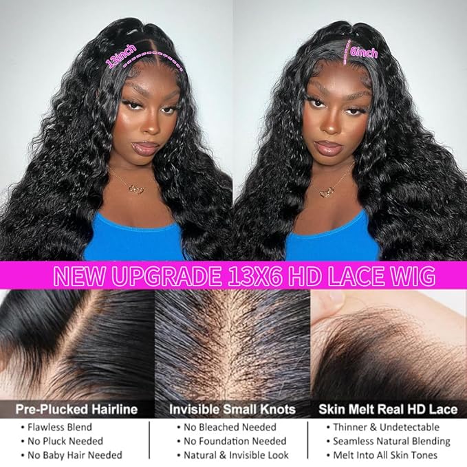 26 Inch 13x6 Deep Wave Lace Frontal Wigs Human Hair 200% Density deep Curly Human Hair Wigs for Women Natural Black