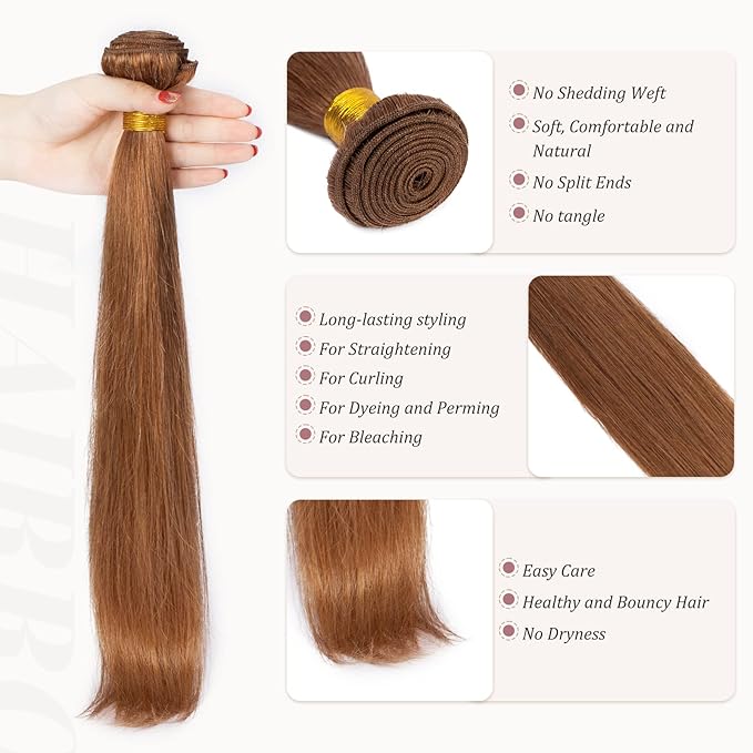 Hairro Sew in Hair Extensions Real Human Hair, 100g/bundle Weave Weft for Women Adding Volume and Length, for DIY Beauty Dating Party, 20 Inch One Bundle Straight #30 Auburn