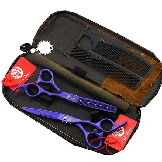 Purple Dragon Professional Japan 440C Hair Salon Cutting Shear and Barber Thinning Scissor Hairdressing Shear Set with Bag