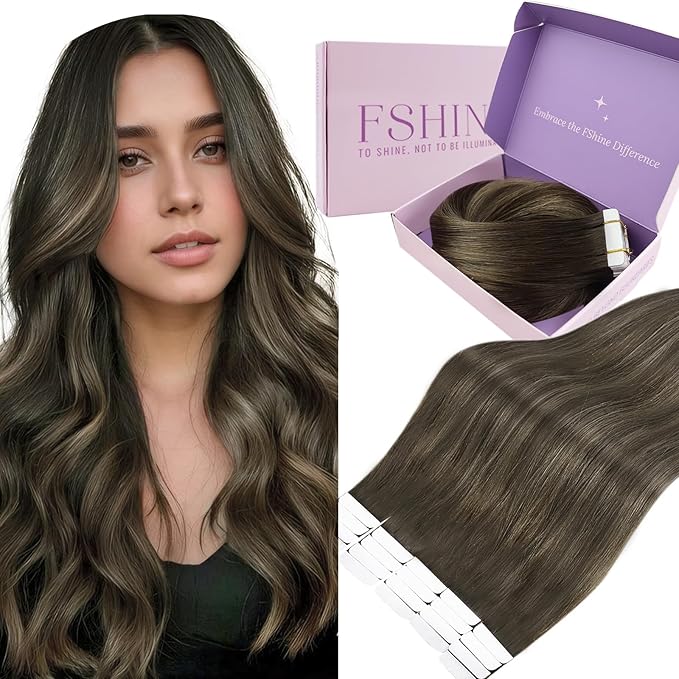 Fshine Tape in Hair Extensions Remy Human Hair, Balayage Dark Brown to Chestnut Brown,14 Inch 50 g, Skin Weft Seamless Invisible, Silky Straight with Thick Ends,20 pcs,for Women, Ladies & Girls