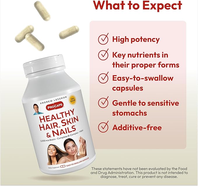 ANDREW LESSMAN Healthy Hair, Skin and Nails 360 Capsules - 5000 mcg High Bioactivity Biotin, B-Complex. Promotes Beautiful Skin, Strong Nails. No Additives Hair Growth Vitamins Biotin Supplement