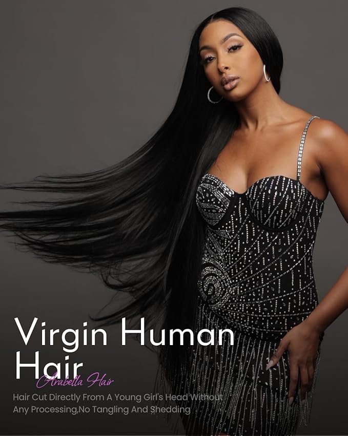 Arabella 3 Straight Bundles Human Hair 20 22 24 Inch Natural Black Hair Bundles 100% Unprocessed Brazilian Virgin Hair 10A Weave Sew in Double Weft Bundles Human Hair