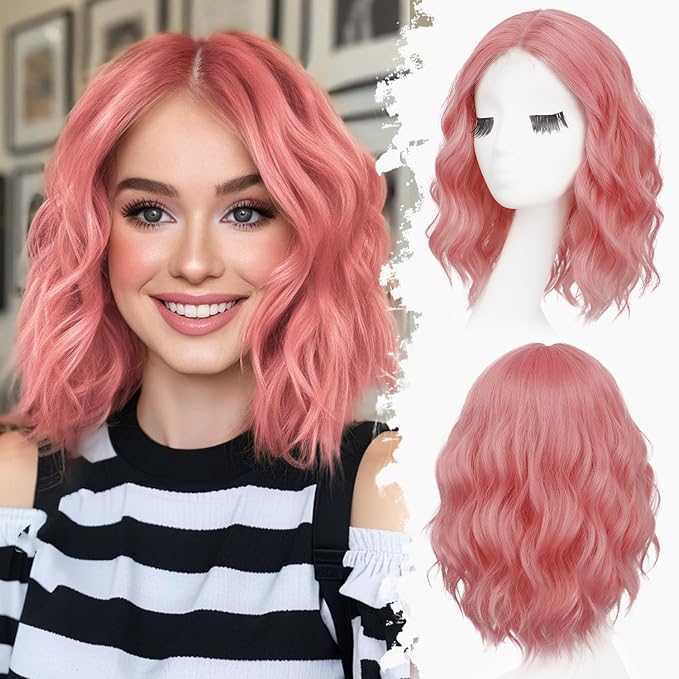 Dirty Pink Short Wavy Wig for Women Lace Hairline Bob Style Synthetic Heat Resistant - Natural Appearance for Everyday Hairstyle 14 Inch