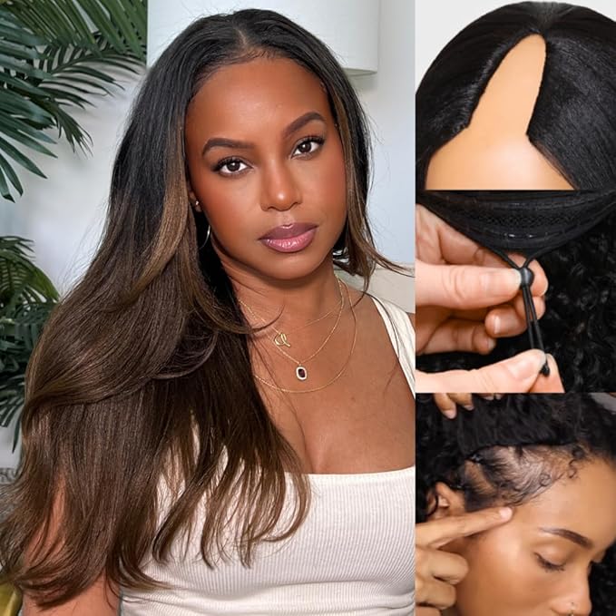 Sunber Ombre Chestnut Yaki Straight V Part Human Hair Glueless Wig Upgrade U Part Wig No Leave Out Vpart light yaki straight Machine Made Clip In Half Wigs No Leave Out Real Scalp V Shape 18Inch