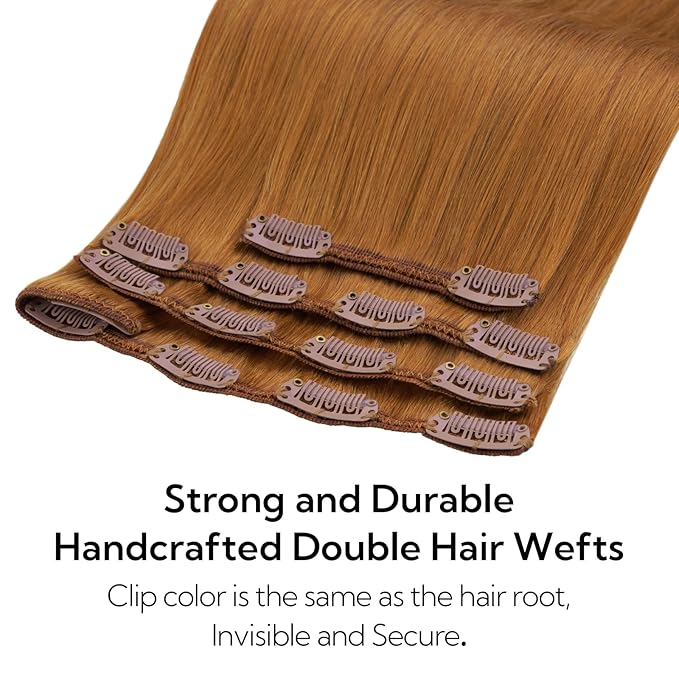 HOTBANANA Clip in Hair Extensions Real Human Hair, 150g 9pcs 20 inch Auburn Ginger Straight Remy Clip in Extensions Full Head for Women