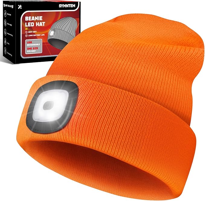 Unisex Beanie Hat with Light, Rechargeable Headlight Cap, Stocking Stuffers for Men, Cool Gadget Gifts for Him, Birthday Gifts for Women, Gifts for Him, Orange