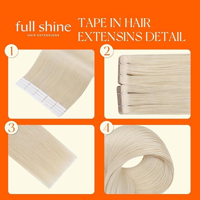 Full Shine Tape in Hair Extensions Human Hair 22Inch Color 1000 White Blonde Injected Tape in Hair Extensions Straight 20Pcs 50G Natural Density and Natural Look for All Occasions