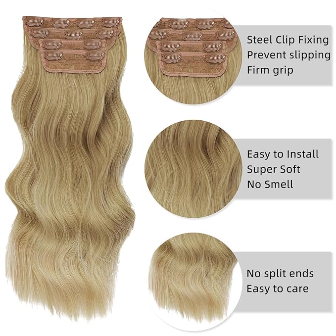 Vigorous Clip in Hair Extensions 20Inch Long Wavy Soft Synthetic Hair Extension 4Pcs Thick Hairpieces for Women（Brown Blonde Ombre