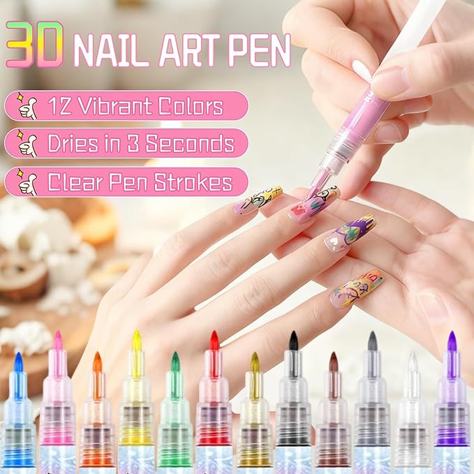 12 Colors Nail Art Pens Set,2026 Upgraded Nail Art Markers for Gel Nails,Quick Dry Long Lasting Nail Polish Pen,DIY 3D Drawing Dotting Painting Nails Liner Brush for Dotting Painting Home Use (A)