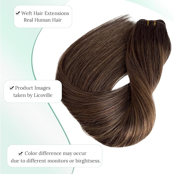 Hand Tied Weft Hair Extensions Human Hair Dark Brown with Light Brown Double Weft Sew in Hair Extensions Human Hair 14 Inch 80G Thick Full Balayage Highlight Real Hair Wefts for Women