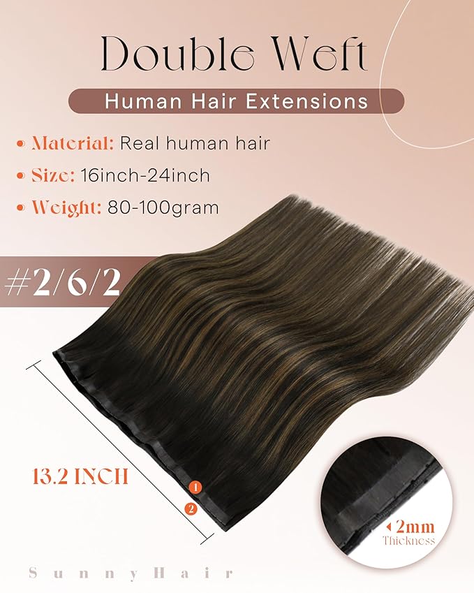 Sunny Hair Double Layered Weft Hair Extensions with Bead 18 Inch Butterfly Genius Weft Hair Extensions Human Hair Darkest Brown Balayage Medium Brown Dual-Use Breathable 100G