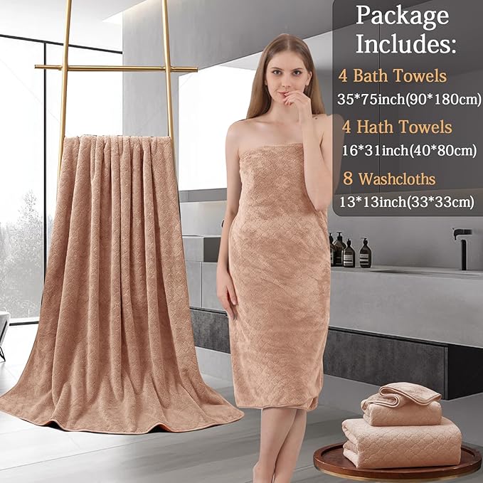 8-Piece Bath Towels Set,2 Oversized Large Bath Towel Sheet,2 Hand Towels and 4 Washcloths - 600 GSM Soft Microfiber Highly Absorbent Quick Dry Shower Towel Collection for Bathroom Hotel and Spa,Orange