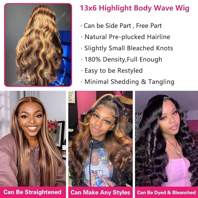 13x6 Body Wave Lace Front Wigs Human Hair Pre Plucked 180% Density 13x6 HD Lace 18 Inch P4/27 Honey Blonde Frontal Wigs Human Hair for Black Women Glueless Ombre Lace Front Wig Human Hair