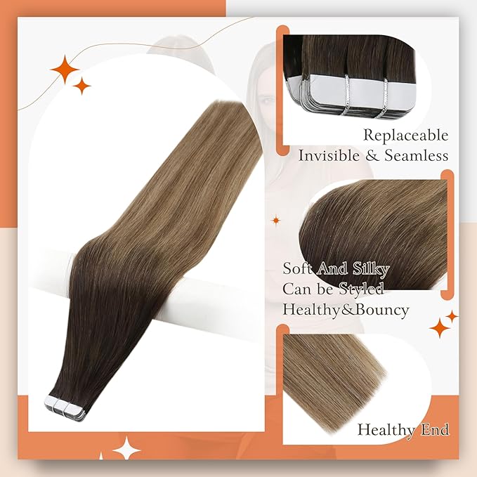 Full Shine Hair Extensions Tape in Balayage Dark Brown to Chestnut Brown Highlighted Ash Blonde Remy Tape in Human Hair Extensions Real Hair Seamless Skin Weft Tape Hair Extension 50g 20pcs 16Inch