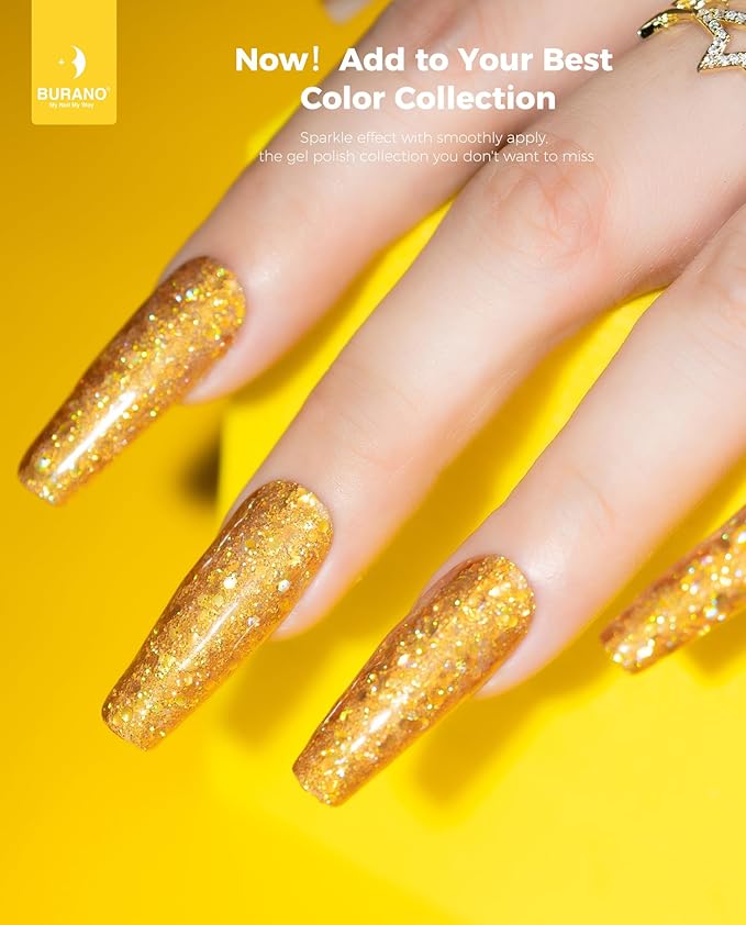 BURANO Glitter Gel Nail Polish, LED UV Holographic Effect, No Chip Home DIY Salon (Gold LP40)