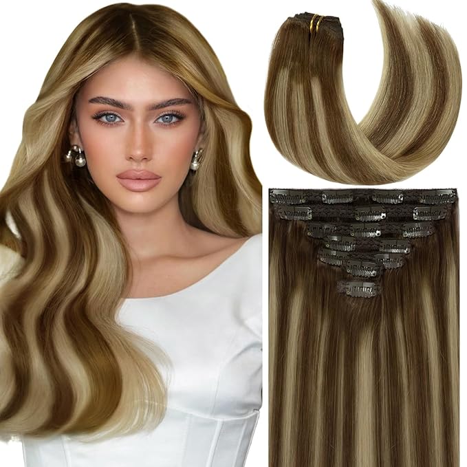 Caliee 14 Inch Clip in Hair Extensions Real Human Hair 7 PCS R4A-4A/26 Balayage Chocolate Brown to Honey Blonde Daily Use 120 G Long Straight Hair Extension Clip in for Women Soft