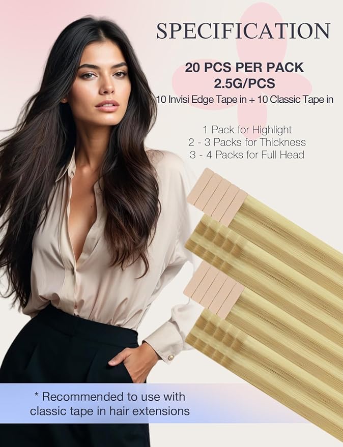DOORES Invisi Edge Tape in Hair Extensions, Drity Blonde Highlight Golden Blonde 10 Injection Tape-ins with 10 Classic Tape-ins 50g 24 Inch, Virgin Human Hair Extensions