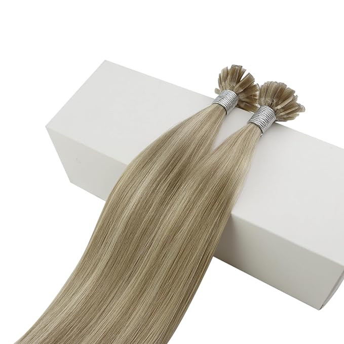 Fshine U Tip Remy Human Hair Extensions Color 16 Highlighted 22 Blonde 16 inch Pre Bonded Keratin Bondings for Extensions Hot Fusion Nail Tip 50g/50s