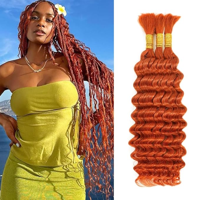 Human Braiding Hair for Boho Braids Human 150g 24 inch WuvuSnm Ginger Deep Wave Boho Hair for Braiding Knotless Wet and Weft 3 Bundles