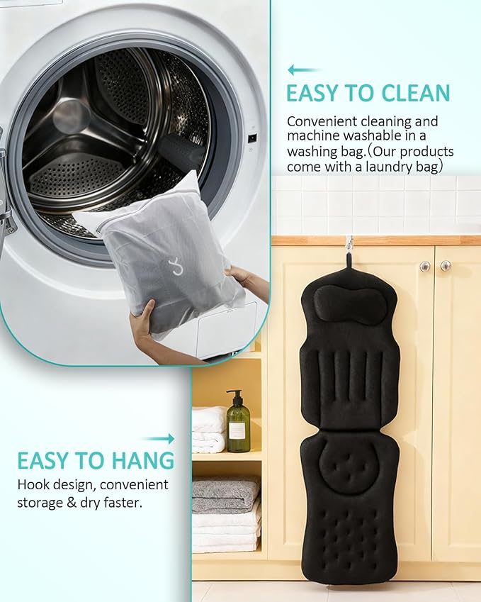 Full Body Bath Pillow for Bathtub, 5D Thick Tub Pillow for Bathtub with 192 Non-Slip Suction Cups, Laundry Bag & Hook, Bathtub Pillow for Head, Neck & Back Support (Black, 51"*15")