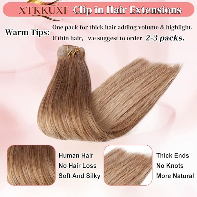 Seamless Clip in Hair Extensions Real Human Hair For Women 125g 20 Inch Dark Blonde and Light Blonde Balayage Invisible PU Skin Weft Remy Human Hair Extensions clip ins 7Pcs 18 Clips