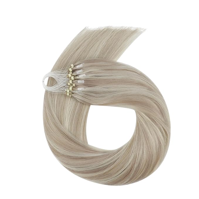 Full Shine Microloop Human Hair Extensions Ash Blonde Highlighted Bleach Blond Micro Beads Hair Extensions Human Hair 14 Inch Soft Natural Remy Hair 50G with 7G Micro Beads