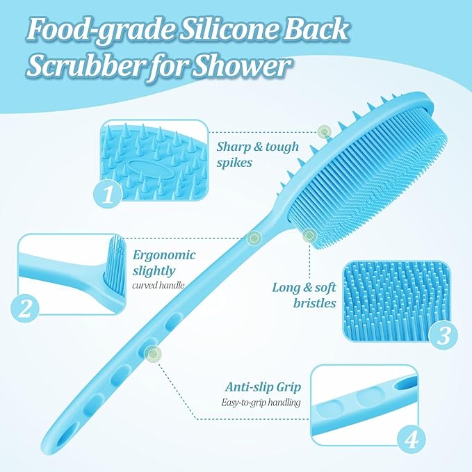 Silicone Back Scrubber & Bath Glove Set 2PCS, 13.4'' Gentle Shower Back Scrubber with Dual-Side Head Non-Slip Handle, 360° Anti-Slip Hand-fit Bath Glove for Rich Foaming Deep Cleaning(Blue)