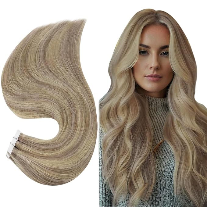 Full Shine Invisible Tape in Hair Extensions Color 18 Ash Blonde Highlight 613 Blonde Tape in Real Human Hair Extensions 20Inch Seamless Straight Remy Silky Skin Weft 20 Pcs 50 Grams Add Length