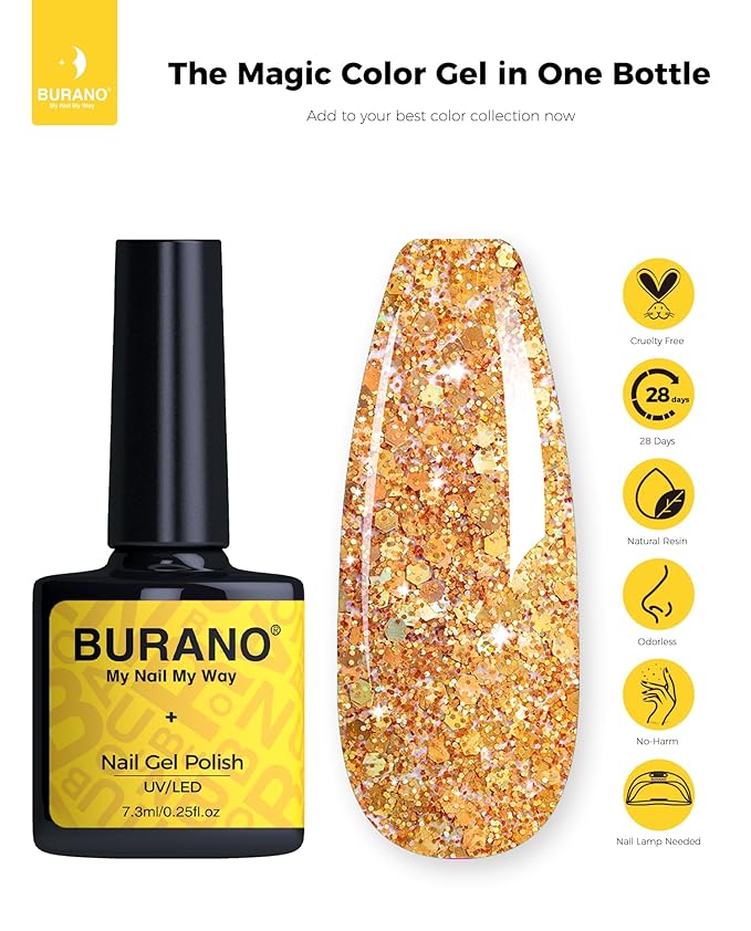 BURANO Glitter Gel Nail Polish, LED UV Holographic Effect, No Chip Home DIY Salon (Gold LP40)