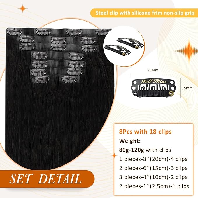 Full Shine Seamless Hair Extensions Clip ins Black Invisible Hair Extensions Clip in Human Hair Jet Black Clip in Hair Extension Full Head Straight Hair with PU Weft 18 Inch 8 PCS 120 G