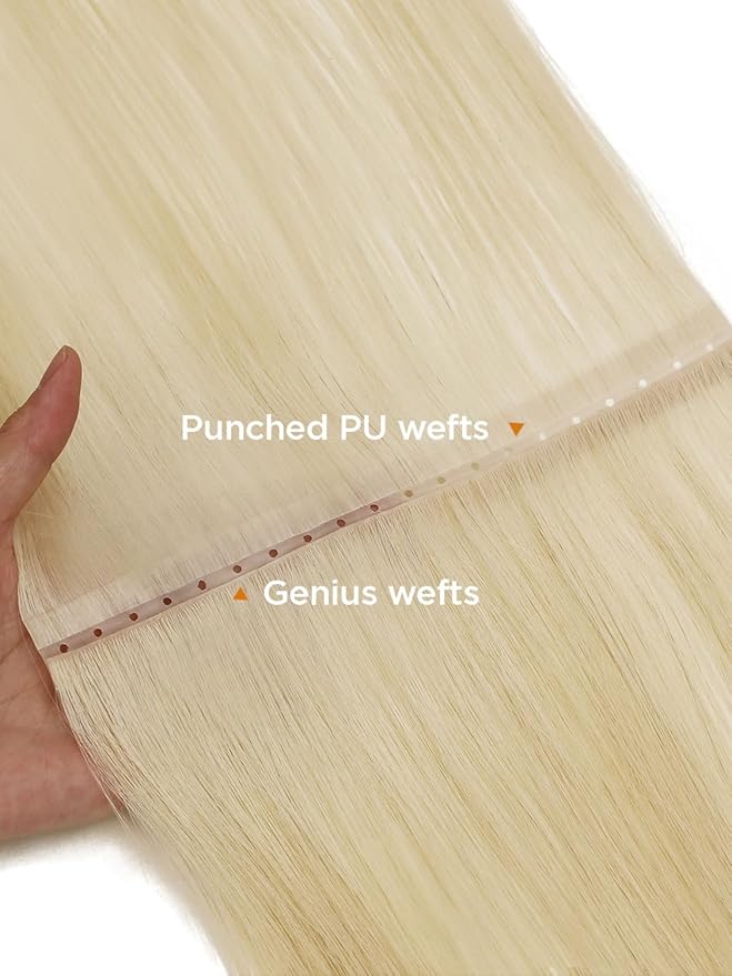 Twin Tab Butterfly Genius Weft Human Hair Extensions Latest Double Invisible Real 100% Remy Human Hair Weft with Micro Bead Simulated Scalp Hair Extensions 100g 7ps 18 Inch White Blonde