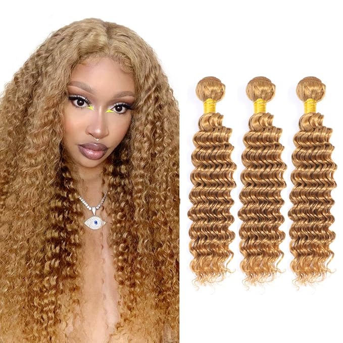 18 20 22 Inch Blonde Bundles Human Hair #27 Honey Blonde Deep Wave 3 Bundle Unprocessed Brazilian virgin hair Weave Extensions Double Weft 50 Grams/Bundle Colored Blonde Bundles for Woman