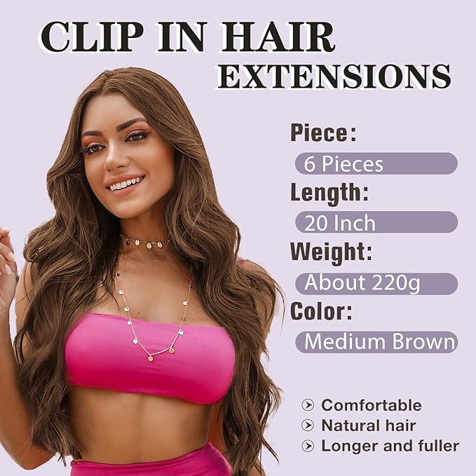 NAYOO Clip in Hair Extensions for Women 20 Inch Long Wavy Curly Medium Brown Hairpieces Full Head Synthetic Hair Hairpieces (6PCS,Medium Brown)