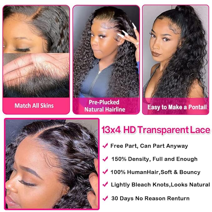 13x4 Water Wave Lace Front Wigs for Women Human Hair Pre Plucked Water Wave Lace Frontal Wig with Baby Hair Natural Color HD Transparent Deep Wave Lace Front Wigs