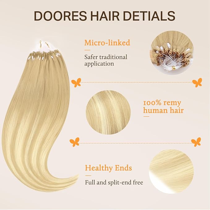 Doores Micro Ring Hair Extensions Human Hair, Drity Blonde Mixed Platinum Blonde 24 Inch 50g/50s, Micro Bead Hair Extensions Real Human Hair Remy Hair