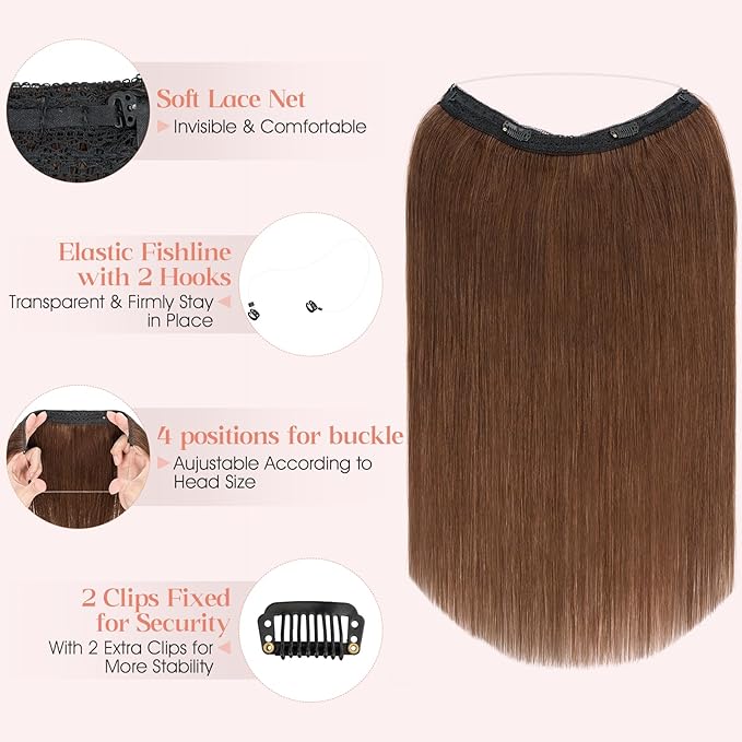 Hairro Wire Hair Extensions Human Hair, Fish Line Invisible Adjustable & Clips in Extensions Straight, 100% Real Hairpieces Seamless Blending for Women, 16 Inch 80g Medium Brown