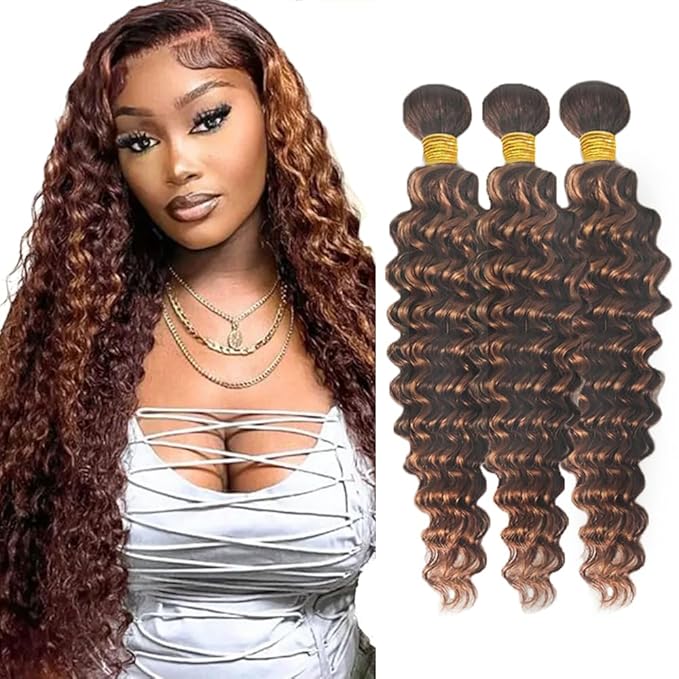 Highlight Bundles Human Hair P4/30 Deep Wave Bundle Brown Human Hair 3 Bundles 14 14 14 Inch Brazilian Virgin Hair Extensions