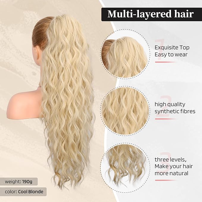 Flufymooz Ponytail Extension, 26 Inch Drawstring Ponytail Hair Extensions for Women， Long Curly Wavy Pony Tail Natural Wavy Synthetic Hairpiece for Women Daily Use party (26 Inch Cool Blonde)