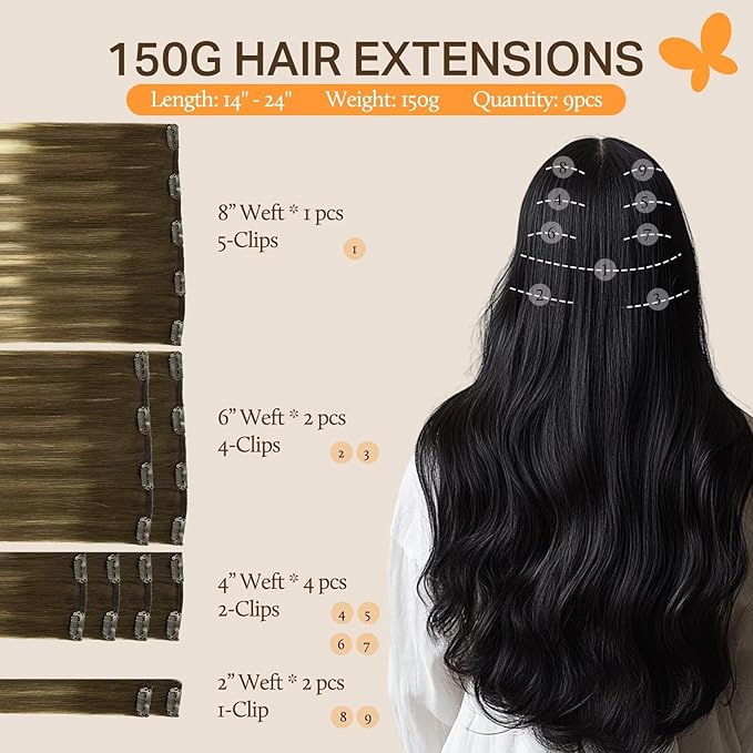 DOORES Hair Extensions Clip in Human Hair, Balayage Walnut Brown to Ash Brown and Bleach Blonde 150g 9pcs 14 Inch, Remy Human Hair Extensions Clip in Real Hair Extensions Natural Straight
