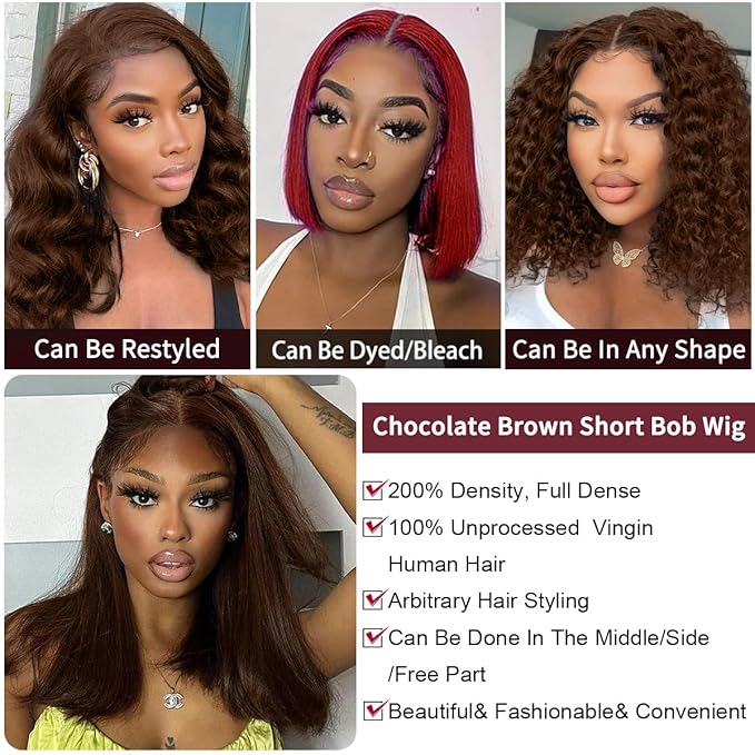 LICHANG Bob Chocolate Brown 13x4 Straight HD Transparent Lace Front Wig 200% Density 16 Inch