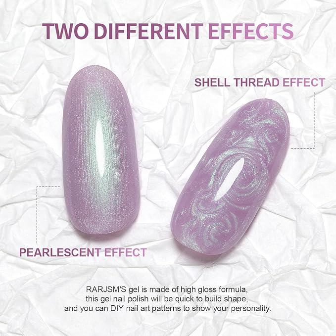 RARJSM Pearl Gel Nail Polish,15ML Lilac Purple Pearlescent Gel Polish,Shell Glitter Gel Polish Green Shimmer Mermaid Nail Gel Polish Soak Off LED UV Drawing Swirl Thread Effect for DIY Manicure Use
