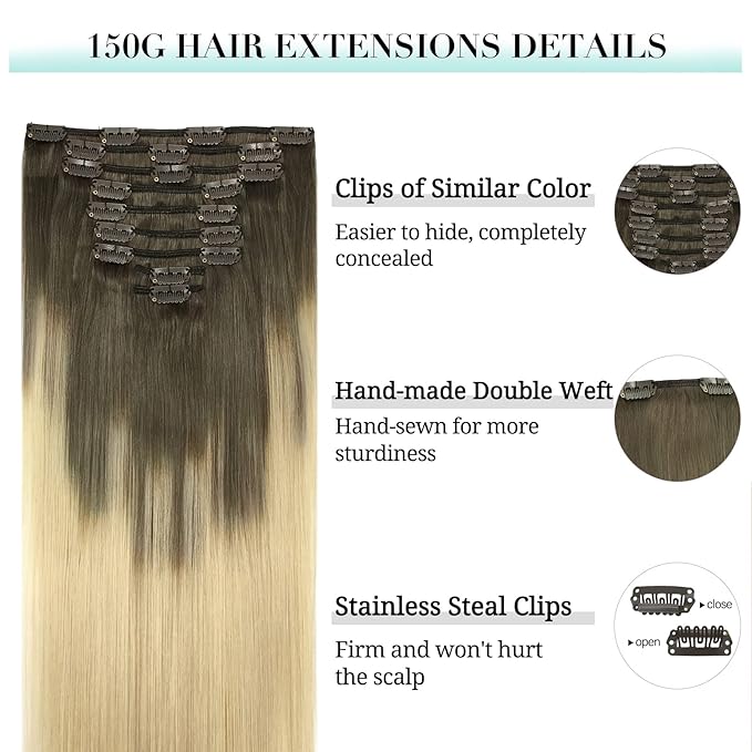 DOORES Human Hair Extensions Clip in, Ash Brown to Platinum Blonde 150g 9pcs 14 Inch, Remy Straight Thick Natural Hair