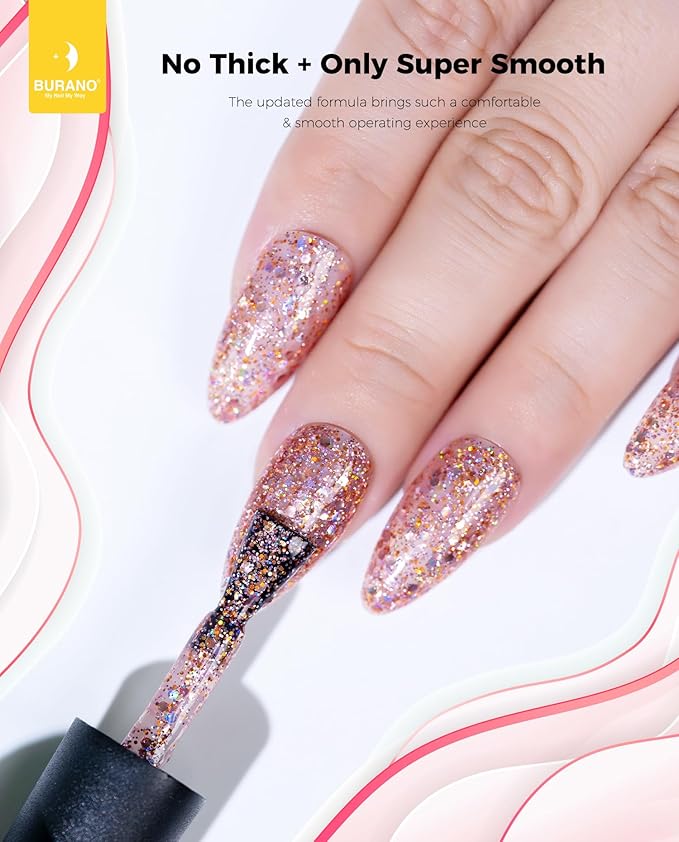 BURANO Glitter Nail Polish, LED UV Shimmer Holographic Effect Soak Off, No Chip Sparkle Gel for Home DIY Nail Salon (Sparkly LP16)