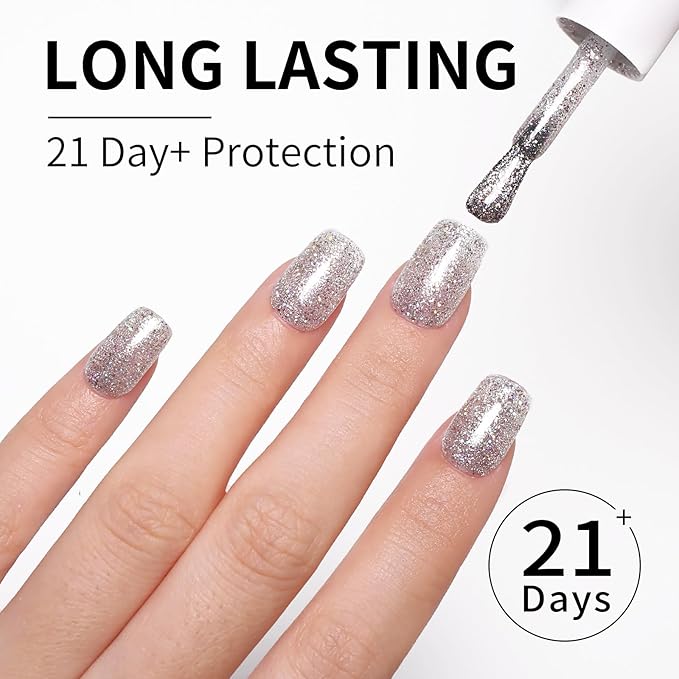 Silve Gel Polish Glitter Hema Free 0.34 OZ Same Color Same Top Cover Reflective Sparkle UV Polish Christmas Manicure Nail Art DIY